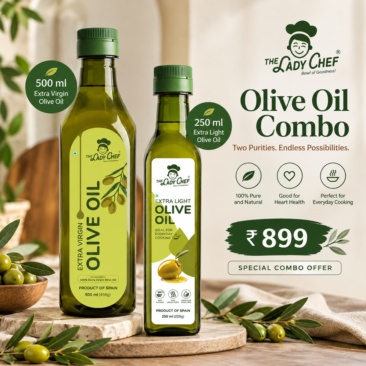 The Lady Chef Olive Oil Combo – Extra Virgin 500ml + Extra Light 250ml