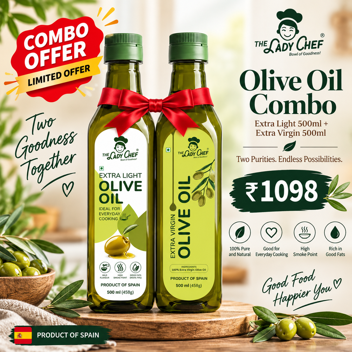 The Lady Chef Olive Oil Combo – Extra Light 500ml + Extra Virgin 500ml